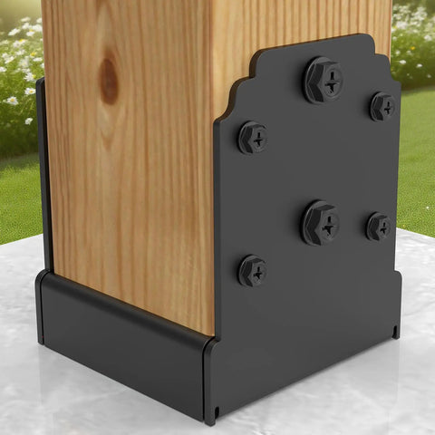 Heavy Duty 4X4 Post Base Anchor For Concrete With Reinforced Bottom Bracket securing wooden post with bolts on concrete surface.