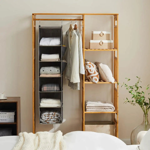 Top Shelf Hanging Closet Organizer With Six Roomy Compartments And Reinforced Bamboo Trays For A No Sweat Space Saving Makeover That Keeps Garments Crisp And Storage A Real Deal Fit