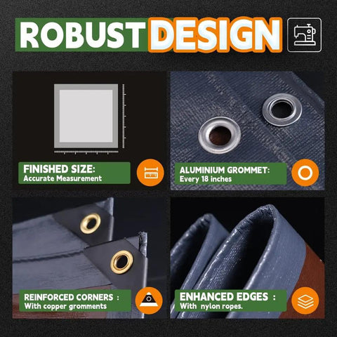Infographic showing Built Tough 8x10 Ft Waterproof Tarp with grommets, reinforced corners, enhanced edges, and size details.