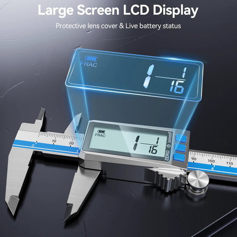 Type C Rechargeable 6 Inch Digital Caliper with Stainless Steel Vernier, IP54 Protection, displaying on large LCD screen