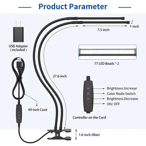 Dual 70cm Gooseneck LED Desk Lamp With 154 LEDs Dimmable 3 Color Temperatures and 10 Brightness Levels product diagram