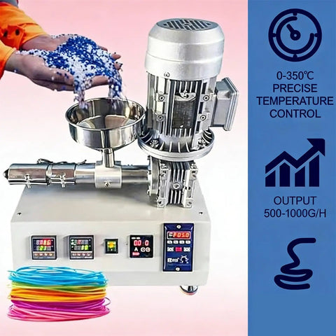 Kickstart Your Maker Rig With Slick 1000W Filament Extruder, compact machine with blue pellets, and multicolored filament ready for 3D printing.