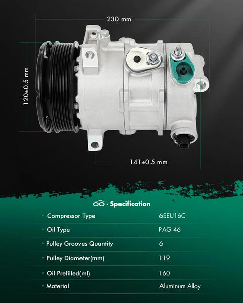 Top Tier AC Compressor With Clutch For Dodge Journey Chrysler 200 Avenger Cirrus Sebring, 230mm, Aluminum, integrated clutch
