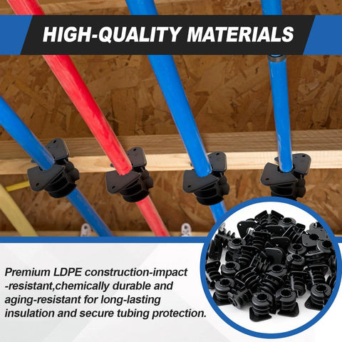Briwooody 3/4in thru-stud isolation clamps, black plastic pipe supports; 50-piece set on blue and red pipes