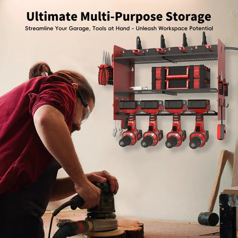 Power Tool Organizer Wall Mount With Charging Station For Garage And Workshop, 3 Layer Storage Rack, 4 Drill Storage Shelves With Hooks