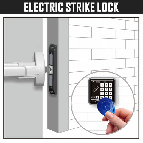 Electric Strike Lock 12V DC For Access Control Doors with keypad and keycard use, fire exit ready, ultra compact design, rim exit device