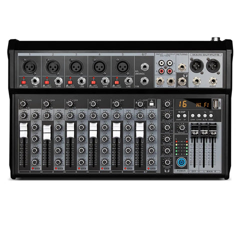 7 Channel Audio Mixer With Bluetooth Interface 16 Bit DSP Effects 48V Phantom Power Karaoke Studio Streaming And Recording Professional DJ Mixing Console XT7, front panel view