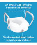 EZ Lock Toilet Seat Riser With Safety Frame, 5 Inch Lift Seat, padded handles, tension control knob, and armrest width
