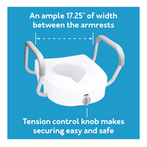 EZ Lock Toilet Seat Riser With Safety Frame, 5 Inch Lift Seat, padded handles, tension control knob, and armrest width