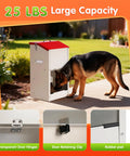 Heavy Duty Automatic Dog Feeder For Large Dogs With 25lb Gravity Bowl Clear Window View And Easy Push Gate Design For Big Hounds And Hustling Pet Parents Daily, dog eating from feeder outdoors.