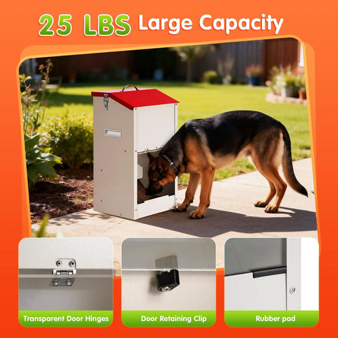 Heavy Duty Automatic Dog Feeder For Large Dogs With 25lb Gravity Bowl Clear Window View And Easy Push Gate Design For Big Hounds And Hustling Pet Parents Daily, dog eating from feeder outdoors.