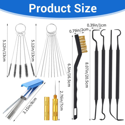 Pro Grade Carburetor Cleaner Kit Torch Tip Cleaner Set With 1 Single Head Brush, 5 Nylon Brushes, 23 Needles, 4 Cleaning Hooks, 1 Scraper, And a Handy Box Of Cleaners Tools For Motorcycles, ATVs, Welders, And Lawn Equipment. Product size chart with tools