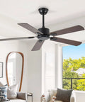 52 Inch Wood Dual Finish Ceiling Fan With Remote, Reversible DC Motor, 6 Speeds in a modern living room, dark walnut blades