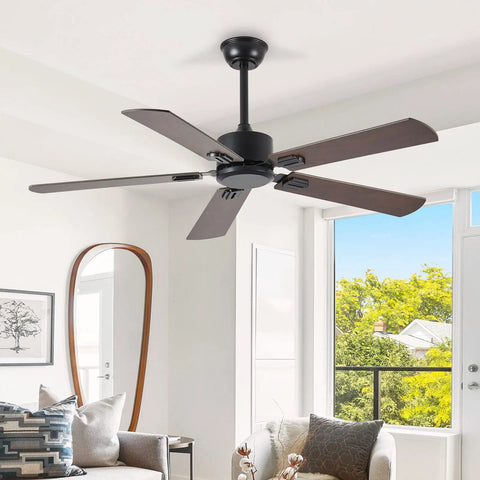 52 Inch Wood Dual Finish Ceiling Fan With Remote, Reversible DC Motor, 6 Speeds in a modern living room, dark walnut blades