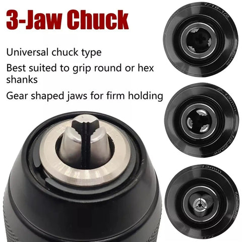 Heavy Duty Keyless Drill Chuck With Metal Tool Holder That Snaps Bits In Fast, 3-jaw chuck for round and hex shanks.