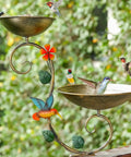 Sturdy Two In One Deck Bird Bath And Feeder Combo With Adjustable Railing Clamp Antique Gold Metal Yard Ornament featuring vibrant birds.