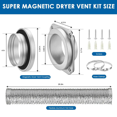 Dryer Vent Quick Connect Kit With Strong Magnetic Hold And Easy Clean Design Fast Two To Three Minute Install Includes Three Point Three Foot Four Inch Duct And Two Stainless Steel Clamps For Durable No Fuss Home Venting displayed with screws and hose clamps