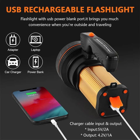 Ultra Bright 9000LM Spotlight Flashlight With USB Power Bank Output next to charging phone, showcasing power bank feature.