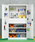 Heavy Gauge Steel Tool Cabinet Featuring Lockable Rollout Drawers Adjustable Interior Shelves Built Like A Tank Pivoting Caster Wheels Pro Grade Garage Workshop Organizer with tools and bins
