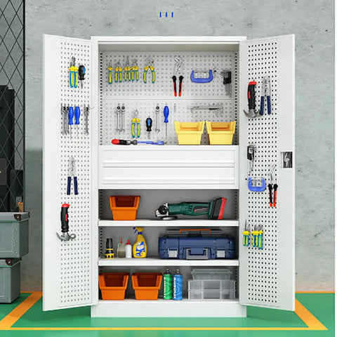 Heavy Gauge Steel Tool Cabinet Featuring Lockable Rollout Drawers Adjustable Interior Shelves Built Like A Tank Pivoting Caster Wheels Pro Grade Garage Workshop Organizer with tools and bins
