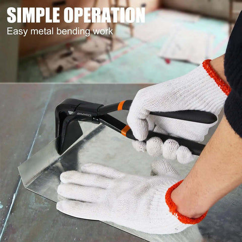 Three Piece Hand Seamers And Sheet Metal Bender Set in use for metal bending with gloves, straight 45 degree and 90 degree pliers