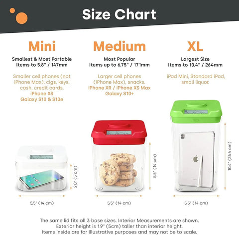 Size chart featuring medium time locking container for cell phones and snacks, clear base with white lid, comparison with mini and XL sizes