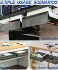 Level Up Your Desk Game With These Smooth Glide Under Desk Drawers Large And Medium 2 Pack Slide Out Storage Organizer For Tables With Lips, shown in office and gaming room use.