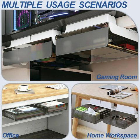 Level Up Your Desk Game With These Smooth Glide Under Desk Drawers Large And Medium 2 Pack Slide Out Storage Organizer For Tables With Lips, shown in office and gaming room use.