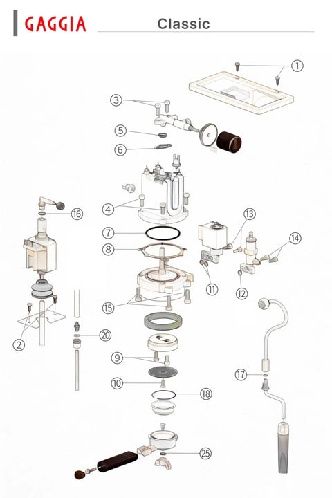 Exploded view of components in Gasket And O Ring Repair Kit For Classic And Classic Pro Espresso Machine with part labels.
