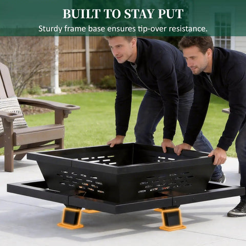 Two people assembling 42 Inch Outdoor Fire Pit Heavy Duty Wood Burning Firepit With Poker For Camping Backyard Patio Beefy Steel Pit Delivers 4 Ft Warmth Radius Holds 25 Lbs Wood For Hours Of Cozy Firelight.