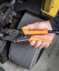 Locking Pliers Set With 7 Inch And 10 Inch Curved Jaw Pliers Quick Release Handles Pinch Free Design in use on metal part