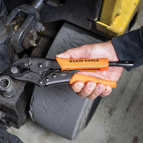 Locking Pliers Set With 7 Inch And 10 Inch Curved Jaw Pliers Quick Release Handles Pinch Free Design in use on metal part