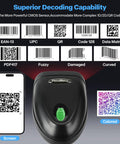 All In One 1D And 2D Barcode Scanner With Bluetooth USB Wired And 2.4G Wireless 3 In 1 QR PDF417 Data Matrix Handheld Reader shown with barcodes and smartphone screen display.