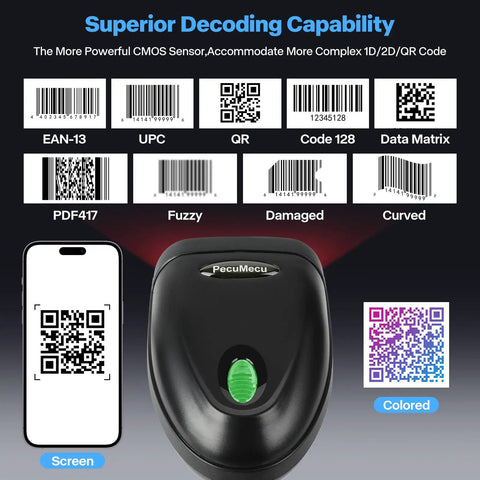All In One 1D And 2D Barcode Scanner With Bluetooth USB Wired And 2.4G Wireless 3 In 1 QR PDF417 Data Matrix Handheld Reader shown with barcodes and smartphone screen display.