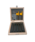 Rock Solid Set of Five 1/2 Inch Indexable Carbide Lathe Turning Tool Bits With Chip Breaker Inserts For Precision Metalworking And Heavy Duty DIY Projects Right Left Threading Plus Angled Styles in wooden storage box.