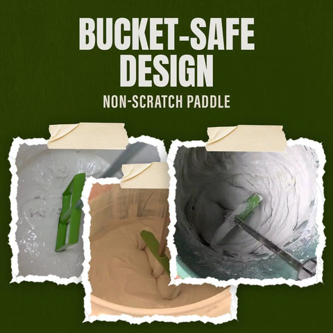 Mix It 20 Inch Mud And Paint Mixer with Durable ABS Paddle in action blending different materials in buckets, non-scratch design shown