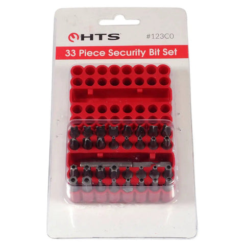 Rock Solid 33 Piece Security Tamper Proof Magnetic Screwdriver Bit Set With Quick Release Bit Holder, display of bits in red storage tray.
