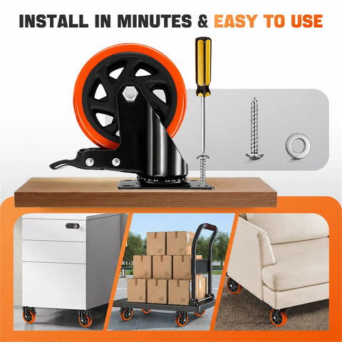 Built Tough 5 Inch Orange Caster Wheel Set Of 4 With Dual Brakes for easy installation on utility carts and furniture.
