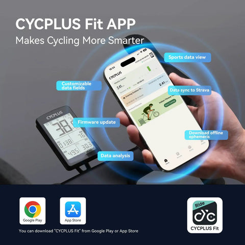 Wireless GPS Bike Computer With ANT Plus And Bluetooth Two Point Eight Inch LCD Screen IP67 Waterproof Auto Backlight And One Hundred Plus Hours Battery Endurance Ideal For Road And Mountain Cycling with Cycplus Fit app features shown.