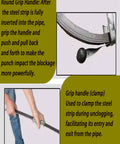 Heavy Duty Drain Snake With 15 Meter Steel Cable For Knocking Out Ruthless Industrial Pipe Clogs and Gnarled Sewer Blockages, showing grip handle and steel strip.