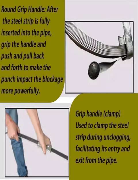 Heavy Duty Drain Snake With 15 Meter Steel Cable For Knocking Out Ruthless Industrial Pipe Clogs and Gnarled Sewer Blockages, showing grip handle and steel strip.