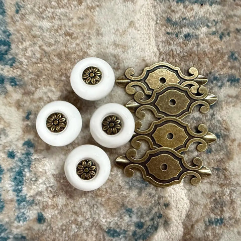 Hella Sturdy Retro Ceramic Cabinet Knobs With Backplate Four Pack Vintage Drawer Pulls, four white ceramic knobs with bronze backplates.