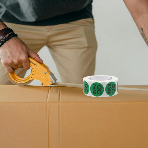 Quality Control Round Labels Pack 500 Self Adhesive QC Pass Stickers on carton sealing tape, green round labels