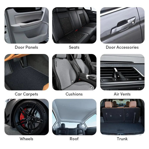 Collage showing car interiors: door panels, seats, door accessories, carpets, cushions, air vents, wheels, roof, trunk.