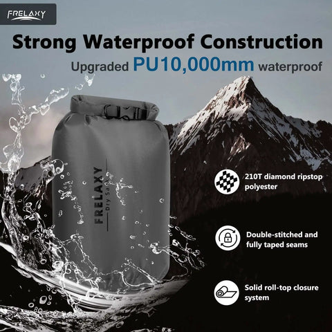 Waterproof Dry Bag Set 5L 15L 25L Lightweight Durable Dry Sack With Roll Top Closure showcasing waterproof feature in mountain backdrop