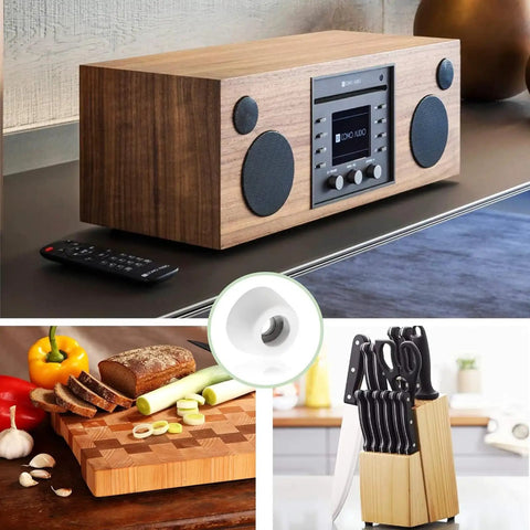 White Round Cutting Board Rubber Feet No Sweat Thermoplastic Base Pads With Stainless Screws For Kitchen Counter Stabilization Heavy Duty Anti Vibration Cushions Giving Rock Solid Balance To Every Setup on kitchen countertop with wood radio.