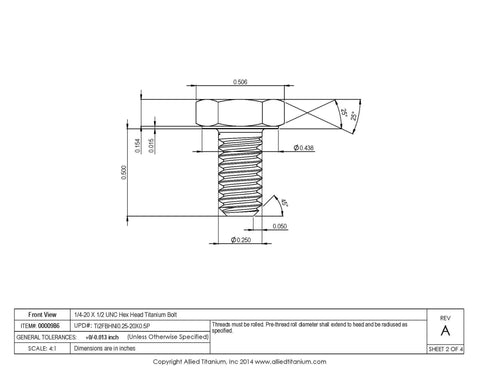 Grab These Twenty Top Shelf 1/4-20 X 1/2 Grade Two Titanium Hex Head Bolts Featuring A Smooth Polished Finish Supercharged Corrosion Resistance Perfect For Marine Rigs And Street Mods Built Different, detailed blueprint view.