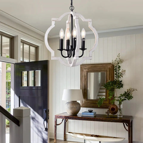 Plug In Pendant Chandelier With 16.4 Ft Cord, White Orb Wood Farmhouse Outdoor Light For Gazebo, Easy Do It Yourself Install, 1 Light Hanging Pendant, Not Dimmable, Rustic Modern Ceiling Fixture For Patio above a rustic console table in a bright entryway.