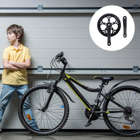 Boy standing with bike; image inset of 52T 170mm Crank Arm For Single Speed Road Bike Fixie Replacement Crankset With Durable Iron Construction.