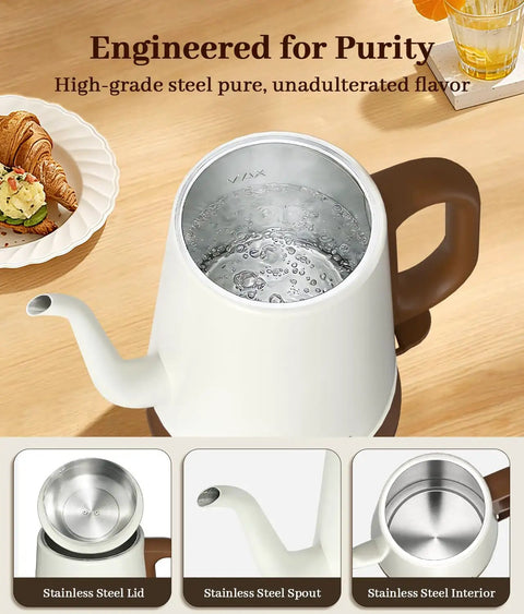 Top view of Gooseneck Electric Kettle For Pour Over Coffee And Tea, 1L Capacity, 1000W Fast Boil, 304 Stainless Steel BPA Free, boiling.